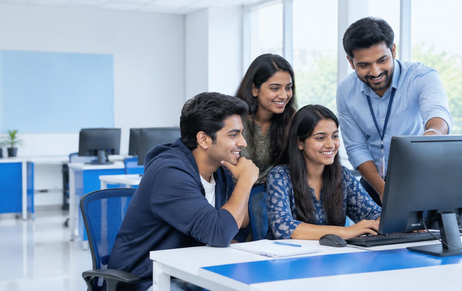 Illustrative image of Indian students learning computer skills with an instructor